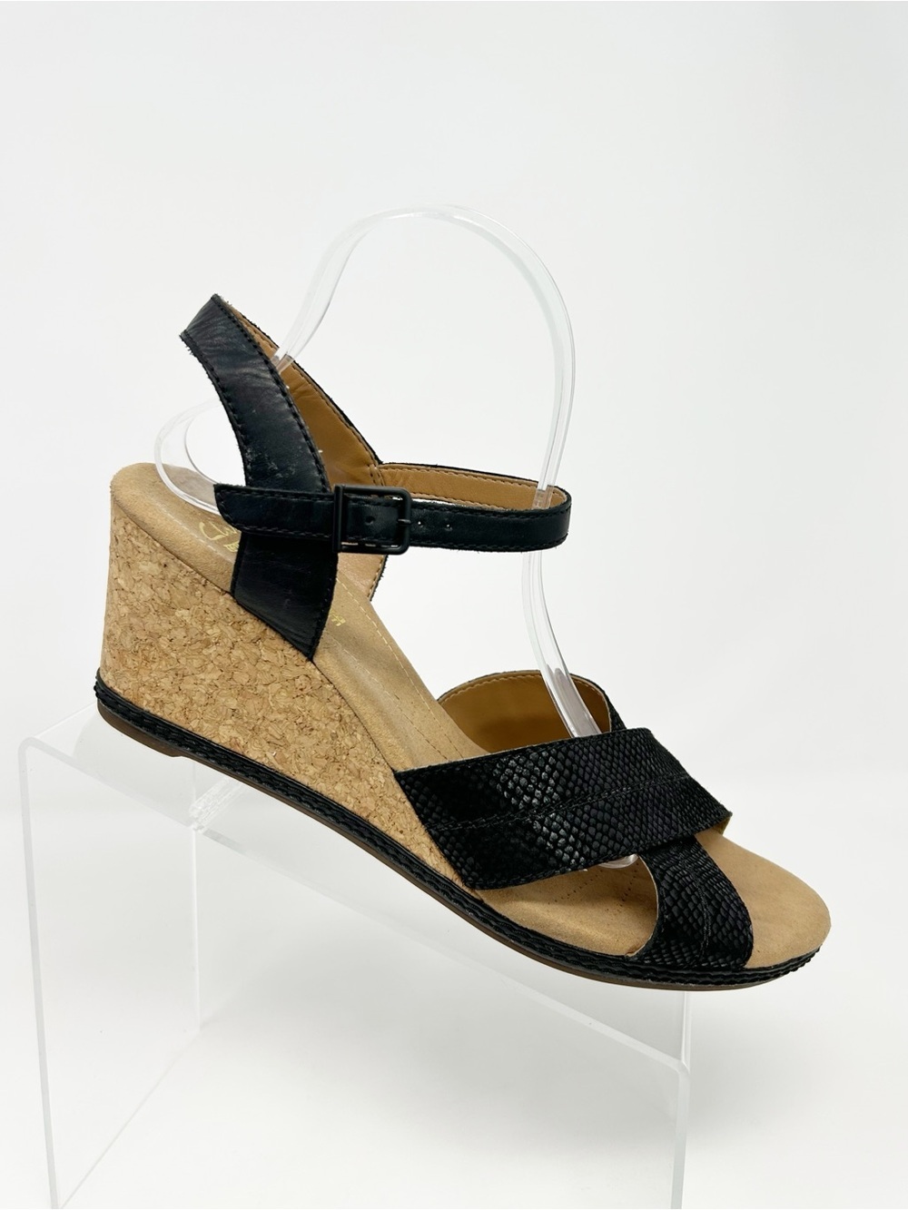 Clarks Womens Cork Wedge Sandals Black Crisscross Strappy Ankle Buckle Size 11